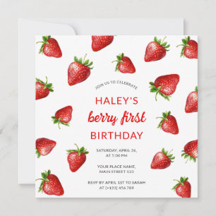Invitation Fraise rouge aquarelle Baie 1er anniversaire de bé