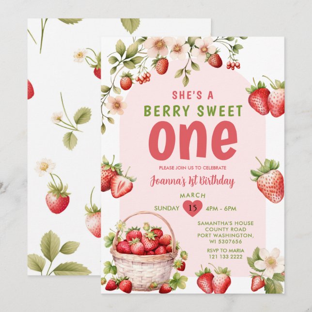 Invitation Fraise Sweet One Berry 1er Anniversaire (Devant / Derrière)
