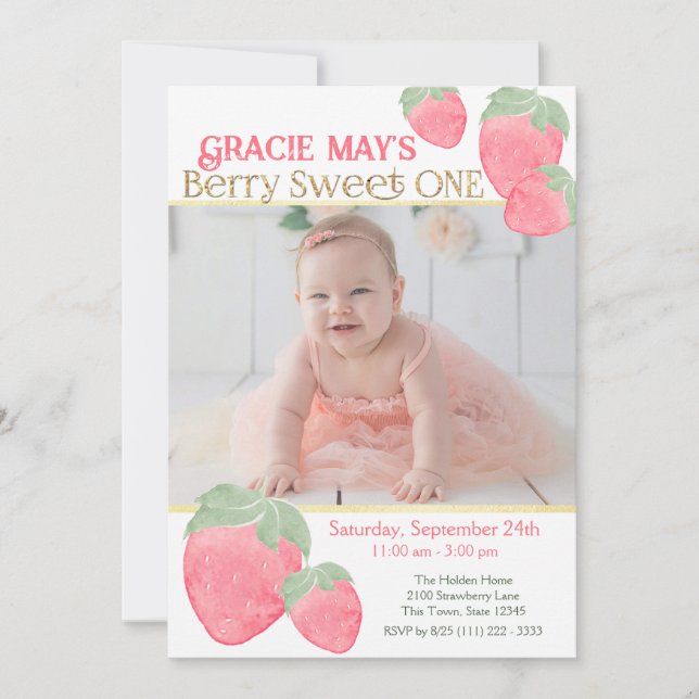 Invitation Fraise Sweet un premier anniversaire avec photo (Devant)