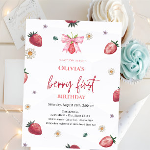 Invitation Fraises à l'aquarelle avec un nœud rose pour un 1e