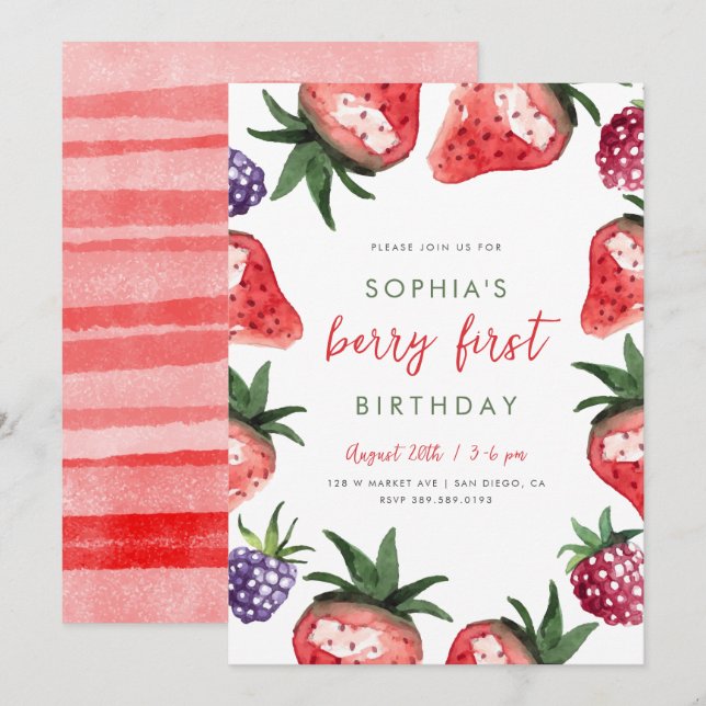 Invitation Fraises d'aquarelle douce Berry Premier anniversai (Devant / Derrière)