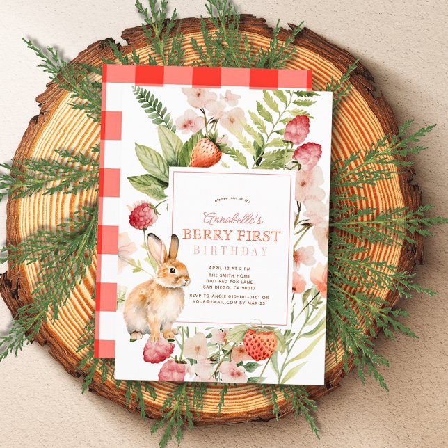 Invitation Fraises et baies de lapin Premier 1er anniversaire (Créateur téléchargé)