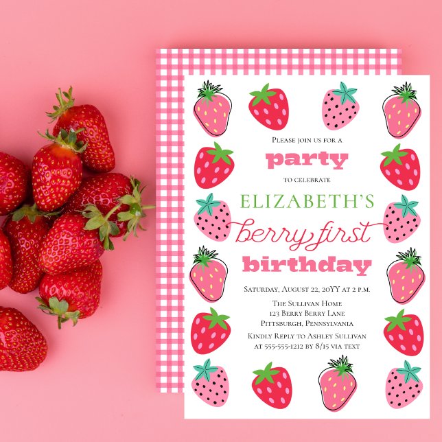 Invitation Fraises Fille Berry Premier anniversaire fête (Cute Strawberries Girl's "Berry First Birthday" Birthday Party Invitation)
