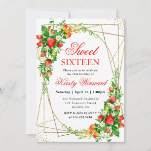 Invitation Fraises Florales Aquarelle Cadre Doré Sweet 16