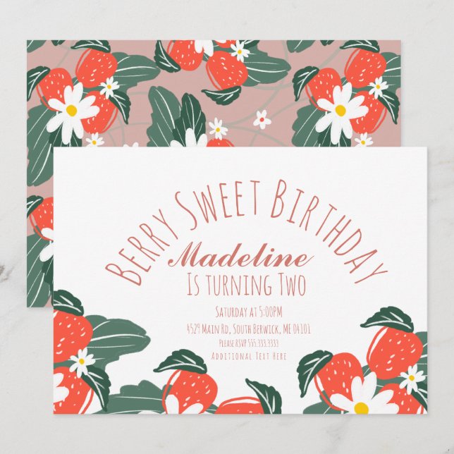 Invitation Fraises Levé à la main Botanique Anniversaire rose (Devant / Derrière)
