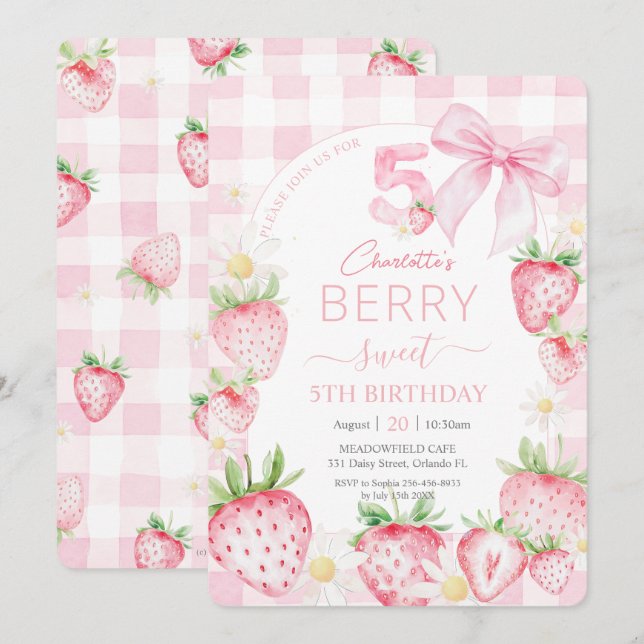 Invitation Fraises rose mignonne Berry Sweet 5e anniversaire (Devant / Derrière)