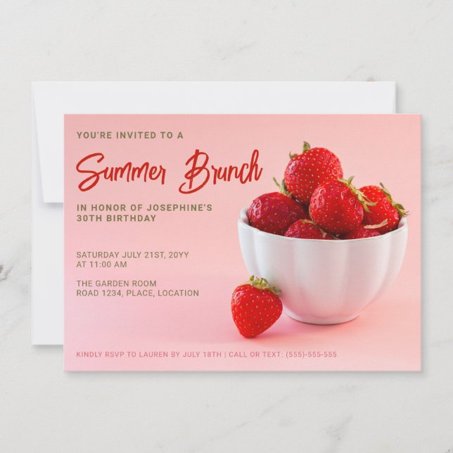Invitation Fraises Rouges Sur Pink Summer Brunch Anniversaire (Devant)