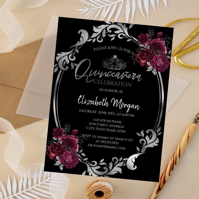 Invitation Frame d'argent Bourgogne Rose Black Quinceañera (Créateur téléchargé)