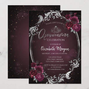 Invitation Frame d'argent Bourgogne Roses Dark Quinceañera