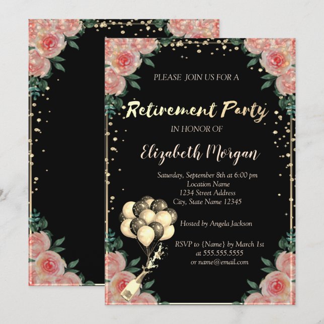 Invitation Frame de diamant, Ballons, Parti de retraite flora (Devant / Derrière)