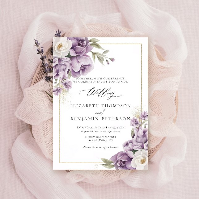 Invitation Frame Floral d'or violet d'ivoire élégant Mariage (purple ivory gold wedding invitation watercolor elegant floral mauve green barn ranch garden)