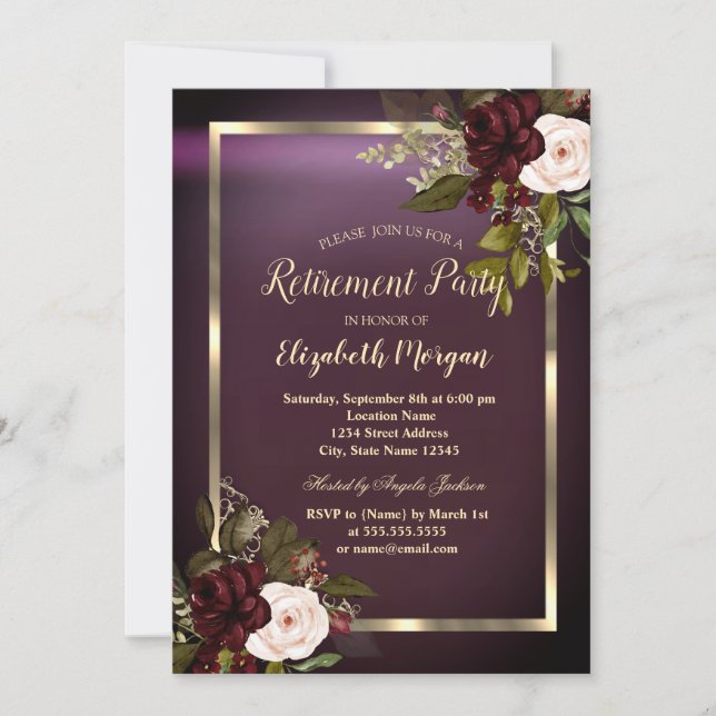 Invitation Frame Or Festive Bourgogne Retraite Rose (Devant)
