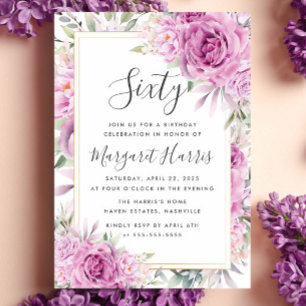 Invitation Frame or Floral Rose violet 60e Soixante Anniversa