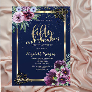 Invitation Frame Or Violet Fleurs Bleu 50e Anniversaire