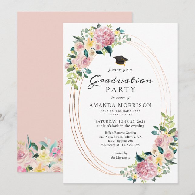 Invitation Frame Ovale moderne Pastel Floral Graduation Party (Devant / Derrière)