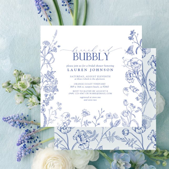 Invitation Français Bleu & Blanc Floral Brunch & Douche Bubbl (Créateur téléchargé)