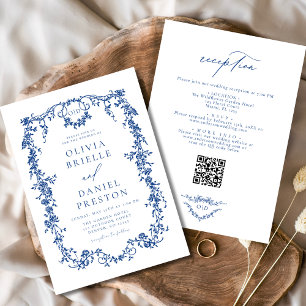 Invitation Français Bleu Victorien Code QR Tout en un Mariage