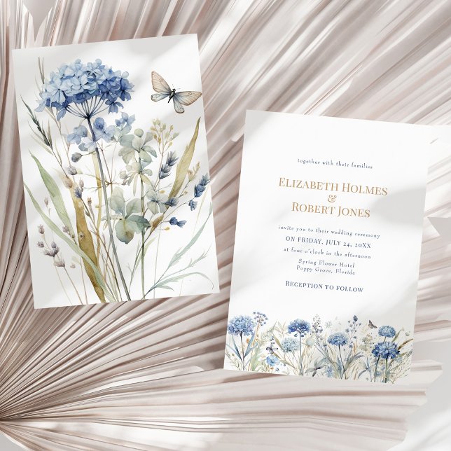 Invitation Français Blue Aquarelle Jardin Fleur sauvage Maria (French Blue Watercolor Garden Wildflowers Wedding Invitation on a sunny boho neutral dry palm leaf.)