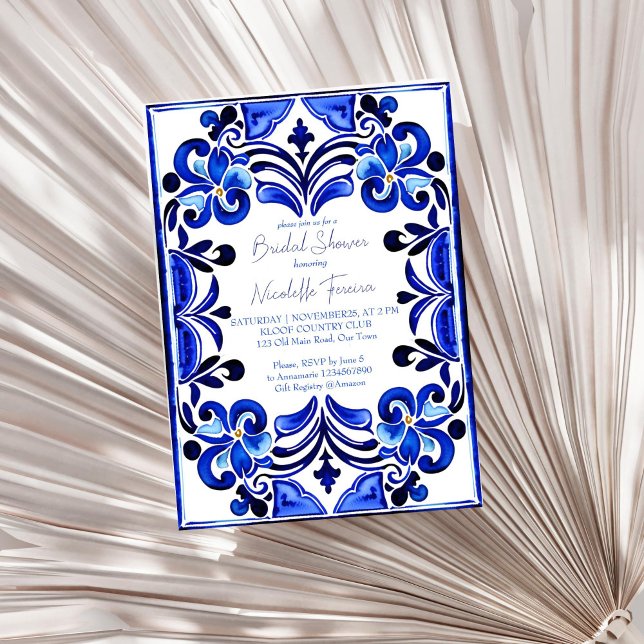 Invitation Français Blue Méditerranée tuiles nuptiale douche (French Blue Mediterranean tiles bridal shower Invitation template digital download white blue themed)