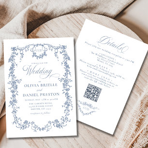 Invitation Français Dusty Blue Tout en un Mariage de code QR