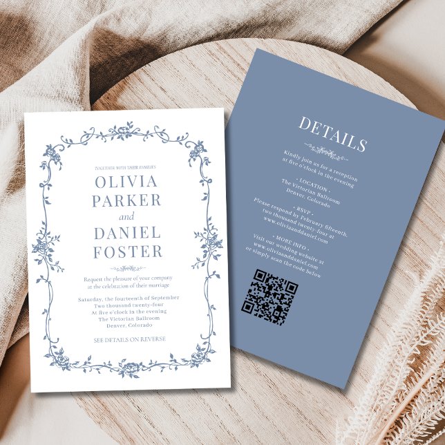 Invitation Français tout en un Victorian Dusty Blue Mariage (Créateur téléchargé)