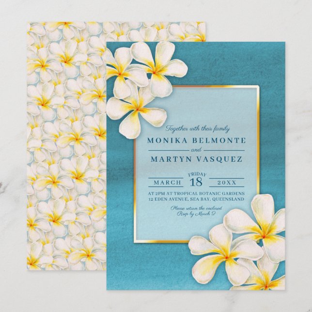 Invitation Frangipani blanc mariage d'art des fleurs tropical (Devant / Derrière)