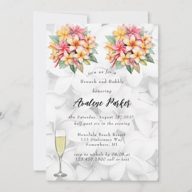 Invitation Frangipani Floral Hawaiian Brunch et Bubbly (Devant)