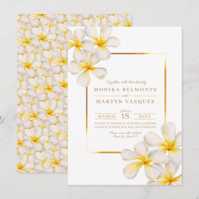 Invitation Frangipani or blanc mariage d'art des fleurs tropi (Devant / Derrière)