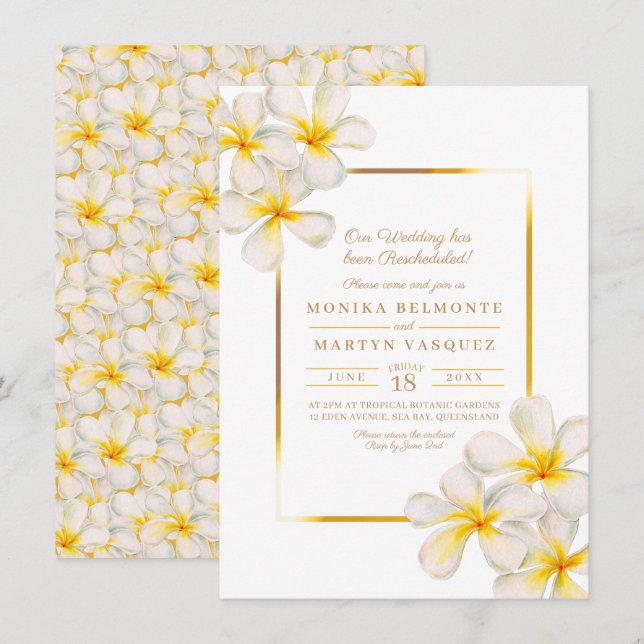 Invitation Frangipani or blanc tropical rééchelonné mariage (Devant / Derrière)