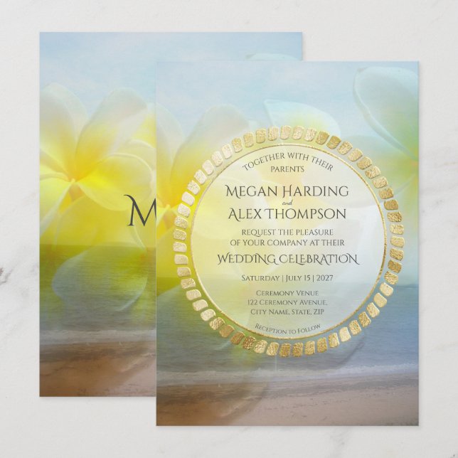 Invitation Frangipani Tropical Modern Beach Mariage élégant (Devant / Derrière)