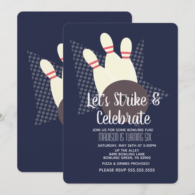 Invitation Frappe de Bowling et fête d'anniversaire (Devant / Derrière)