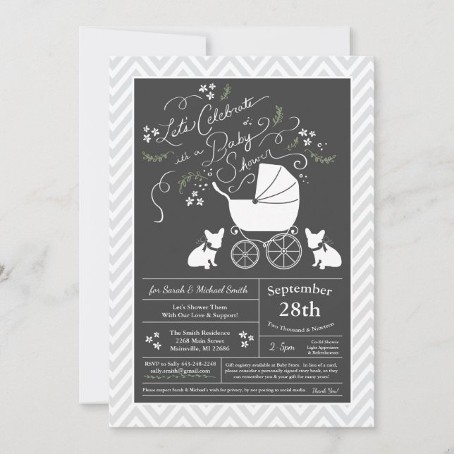 Invitation French Bulldog Theme Party - Baby shower neutre (Devant)