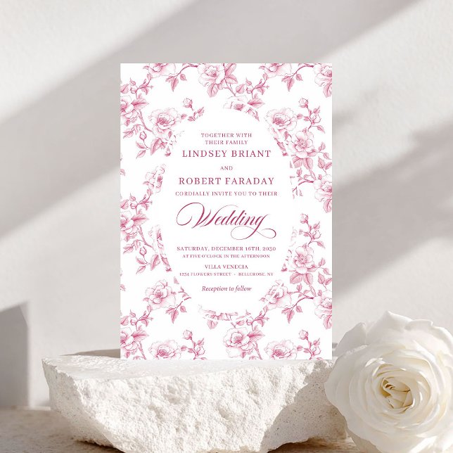 Invitation French Toile de Jouy Roses Dusty Pink Wedding  (French Toile de Jouy Roses Dusty Pink Wedding Invite)