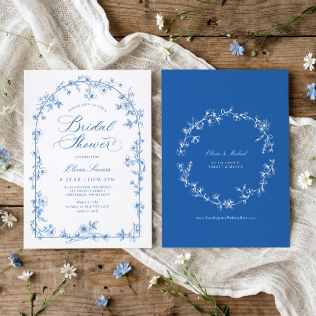 Invitation French Wildflower Toile Blue Bridal Shower (Blue and white wildflower bridal shower invitation with French vintage toile arch frame)
