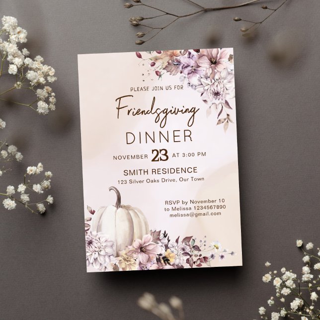 Invitation Friendsgivig Thanksgiving automne feuillage citrou (Friendsgiving thanksgiving dinner party template invitation pastel brown watercolor pumpkin)
