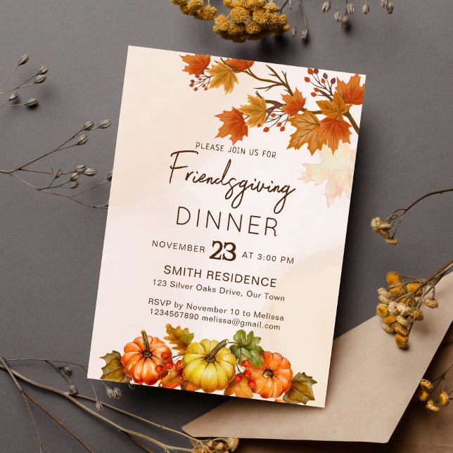 Invitation Friendsgivig Thanksgiving automne feuillage citrou (Freindsgiving thanksgiving dinner party invitation template instant download autumn foliage pumpkins)