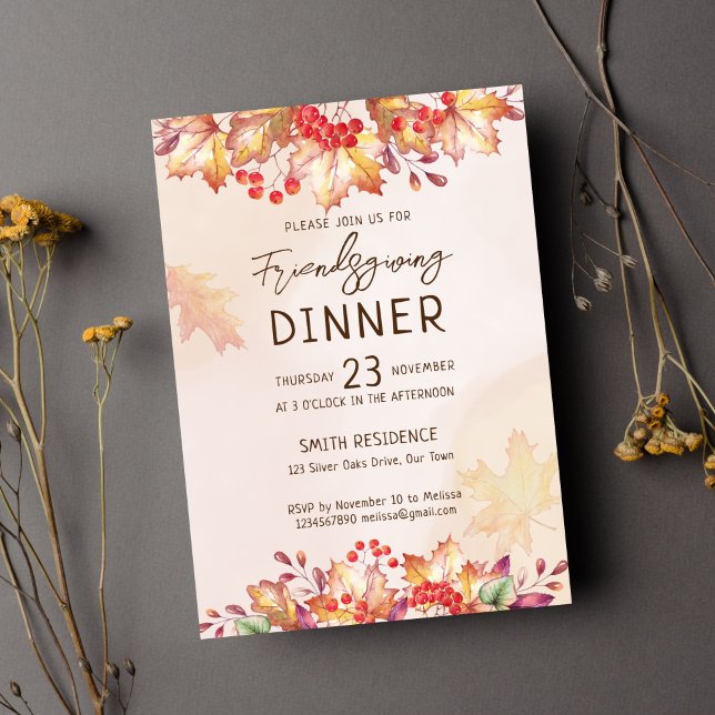 Invitation Friendsgivig Thanksgiving feuillage automne (Freindsgiving thanksgiving dinner party template invitation instant download fall watercolor foliage)