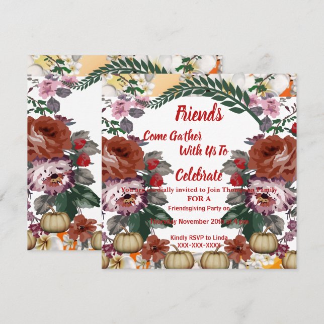 Invitation Friendsgiving Automne Citrouille Aquarelle Rose (Devant / Derrière)