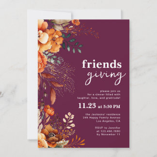 Invitation Friendsgiving dinner classy burgundy floral 