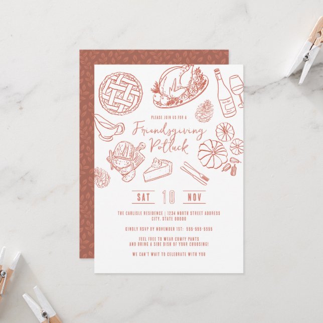 Invitation Friendsgiving Dinner Hand Drawn Food Whimsical (Devant/Arrière en situation)