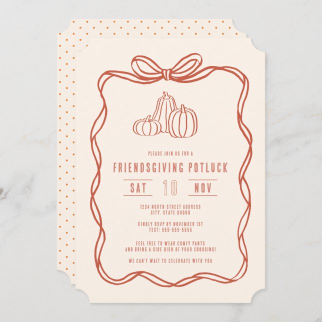 Invitation Friendsgiving Potluck Dinner Coquette Bow Pumpkins (Devant / Derrière)
