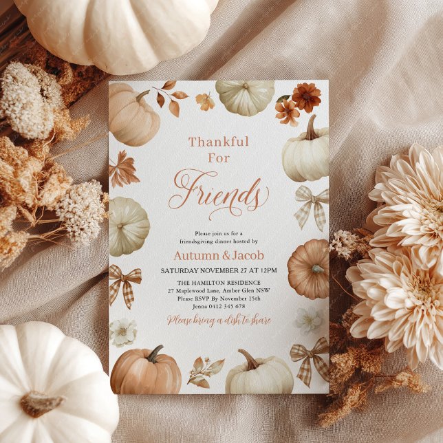 Invitation Friendsgiving Thanksgiving Dinner Pumpkin Bows (Thankful for friends. Thanksgiving invitation with rustic pumpkins and bows)