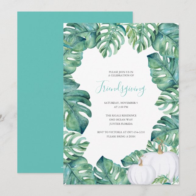 Invitation Friendsgiving Verts Tropicaux Citrouill (Devant / Derrière)