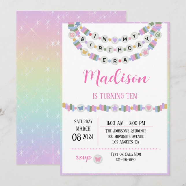 Invitation Friendship Bracelet Girls Birthday Era Party  (Devant / Derrière)