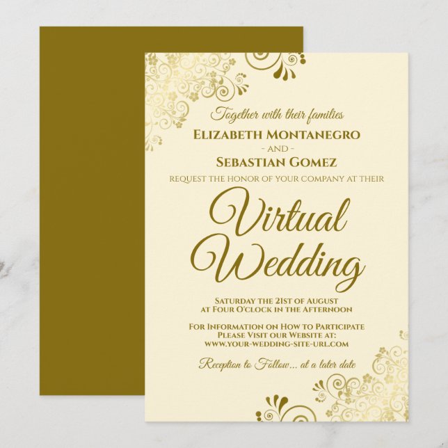 Invitation Frilles d'or sur crème d'ivoire Elegant Mariage vi (Devant / Derrière)