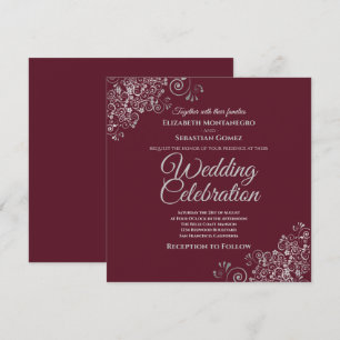 Invitation Frills Argent Bourgogne Élégant Carré Chic Mariage