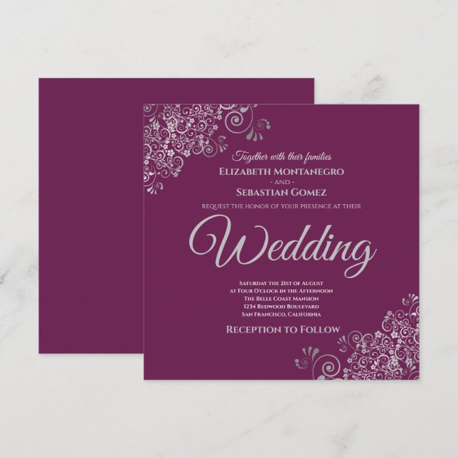 Invitation Frills Argent Elegant Cassis Purple Carré Mariage (Devant / Derrière)