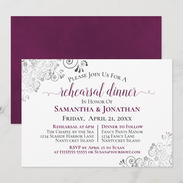 Invitation Frilly Magenta sur le Mariage blanc Dîner de répét (Devant / Derrière)