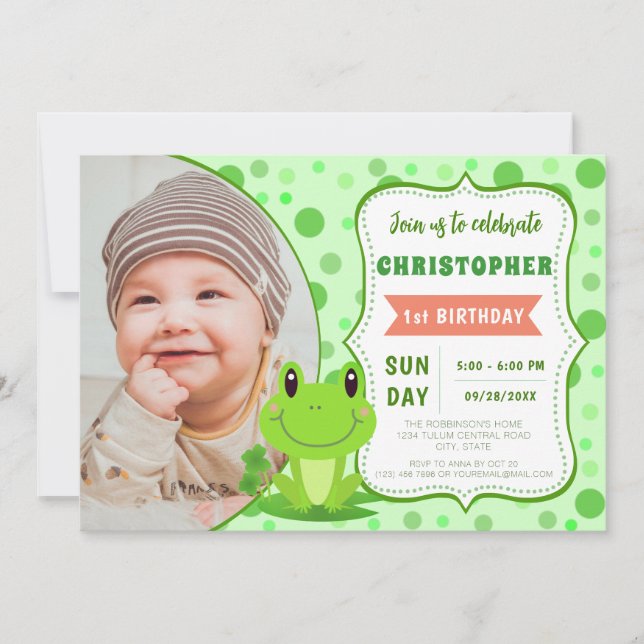 Invitation Froggy anniversaire fête Green Dots thème (Devant)