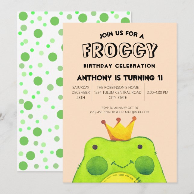Invitation Froggy garçon d'anniversaire prince Premier parti  (Devant / Derrière)